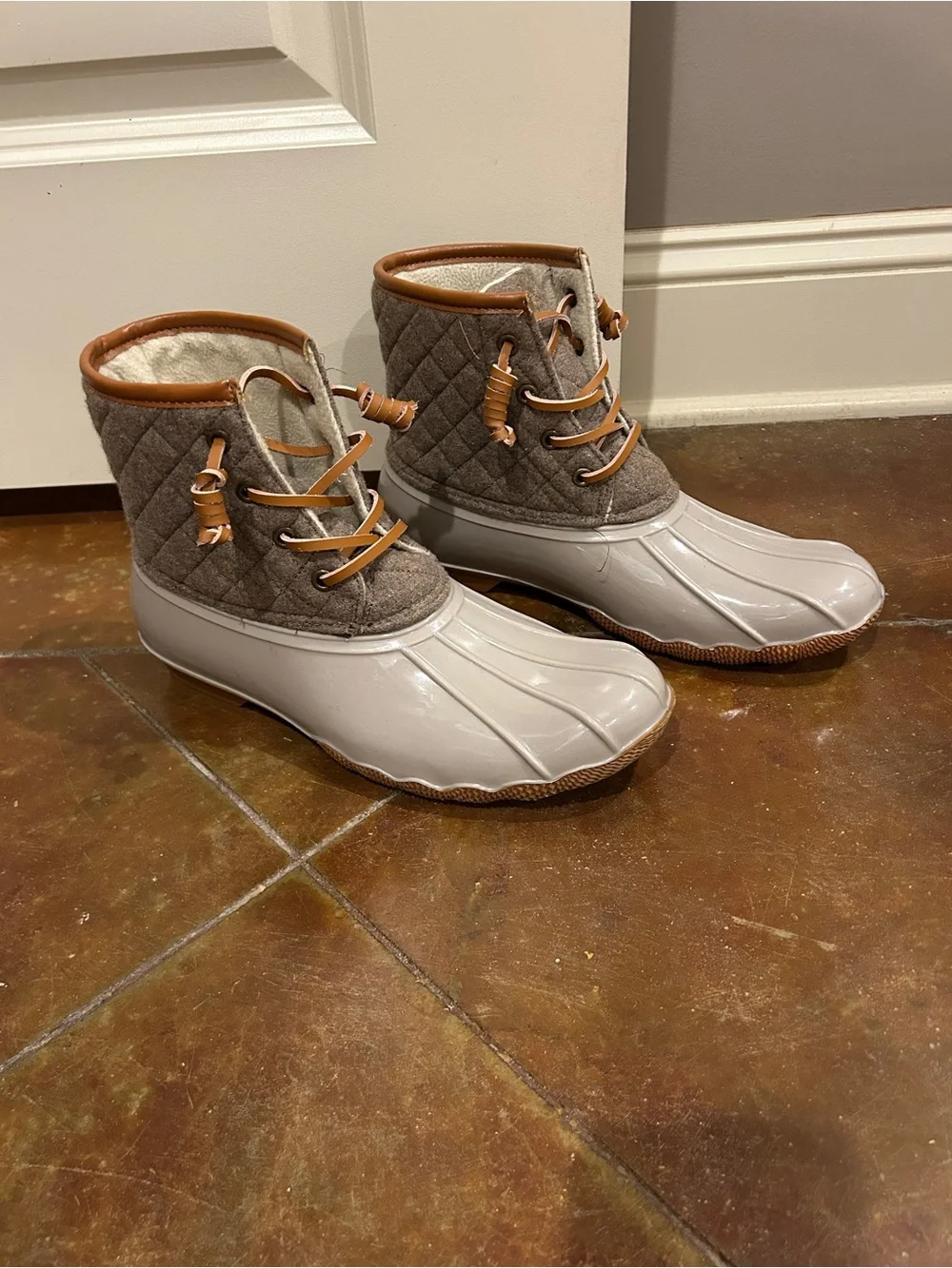 Women’s Gray Winter Duck Boots with Tan Trim